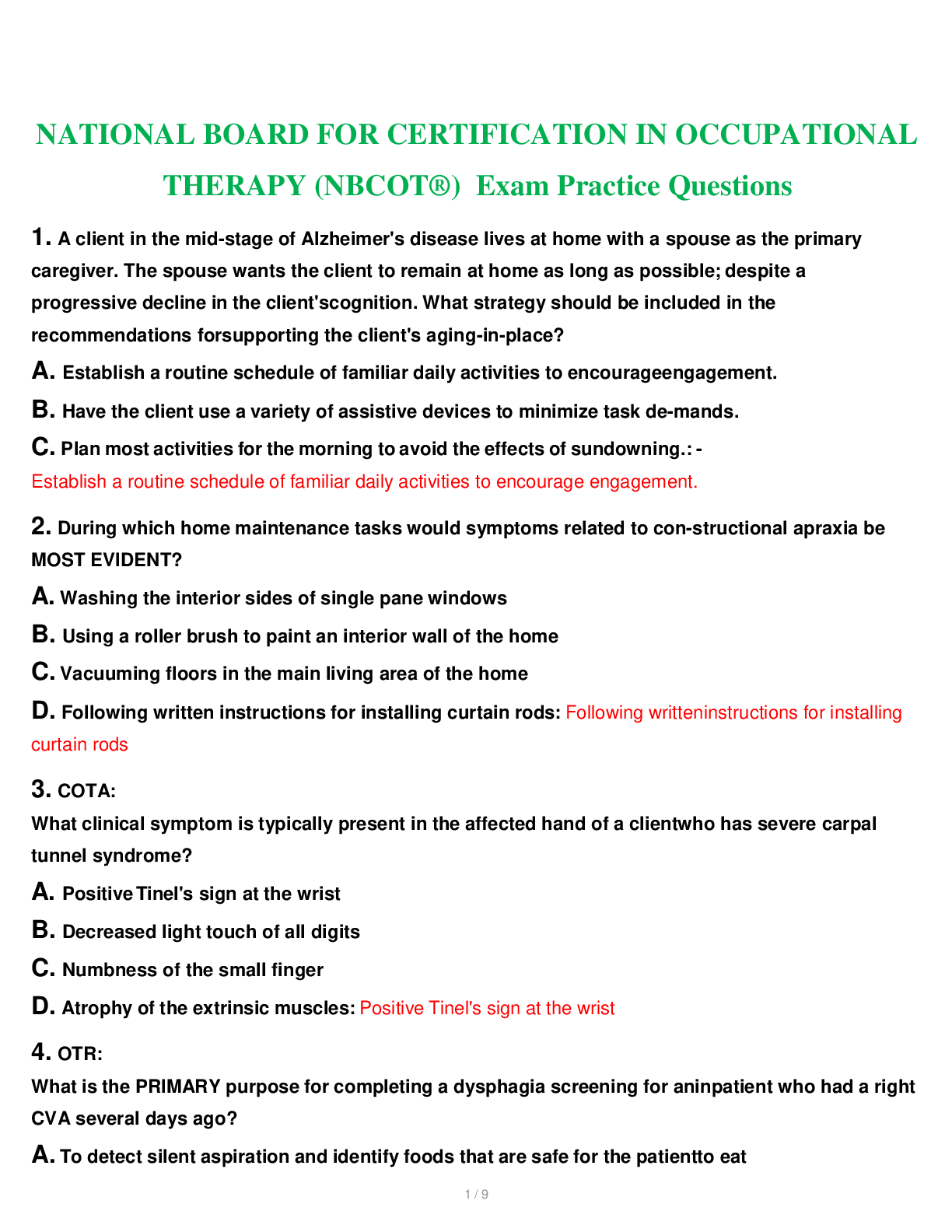 Preview image for NATIONAL BOARD FOR CERTIFICATION IN OCCUPATIONAL THERAPY (NBCOT®) Exam Practice Questions